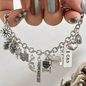 Silver Multi Charm Bracelet Link Chain Pendant Heart Flower Buttrfly Coffee Moon